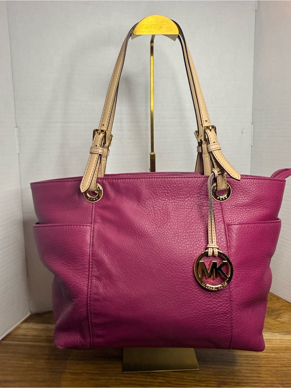 Michael Kors Jet Set East West Pebbled Leather Tote Bag Pink Magenta Gold Tone